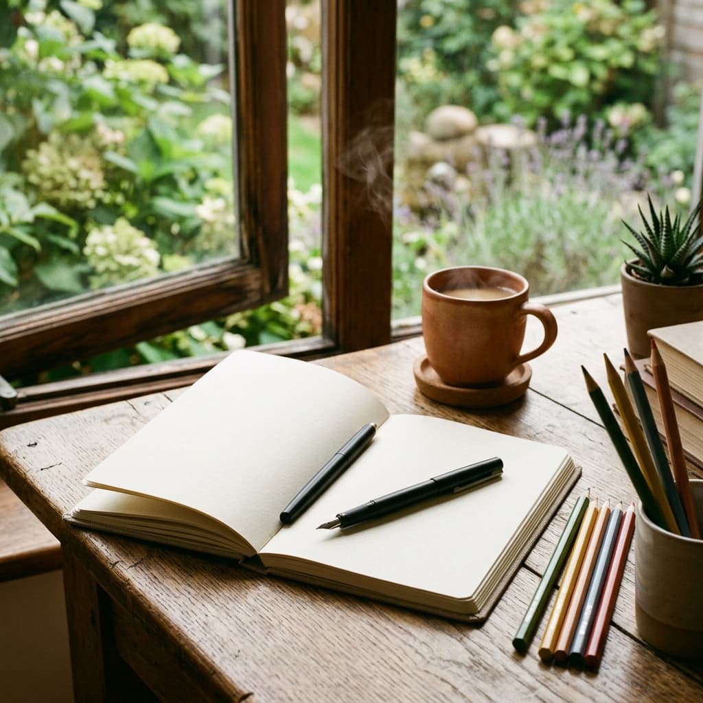 Laptop, Coffee and Book on Writing Desk